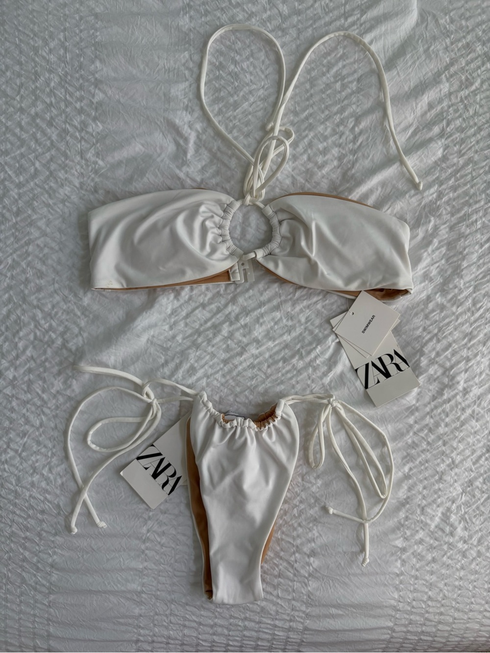 ZARA White Ring-Front Bandeau & Tie-Side Bikini